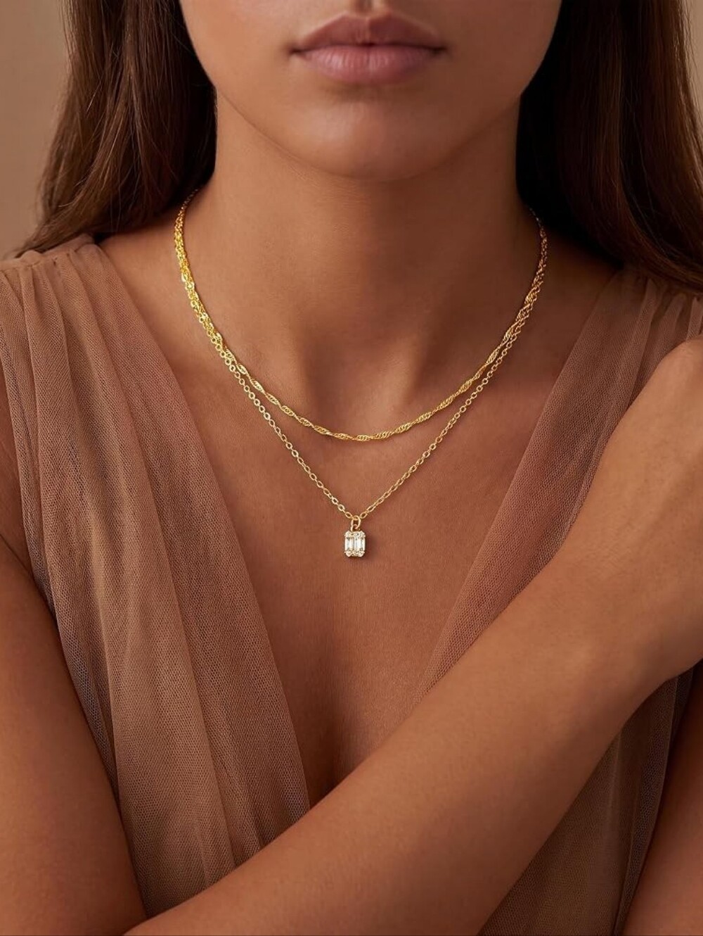 Layered Dainty Pendant Necklace 14K Gold Plated